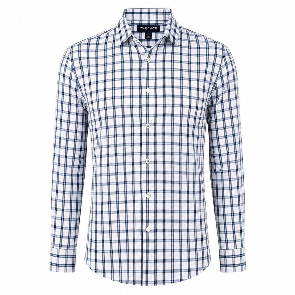 Mizzen + Main Leeward Shirt Men's XL Trim Fit Denis Plaid White and Blue